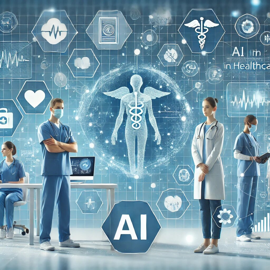 An AI-generated healthcare poster with four clinicians, a holographic body, oversized medical icons, and garbled text about AI in healthcare