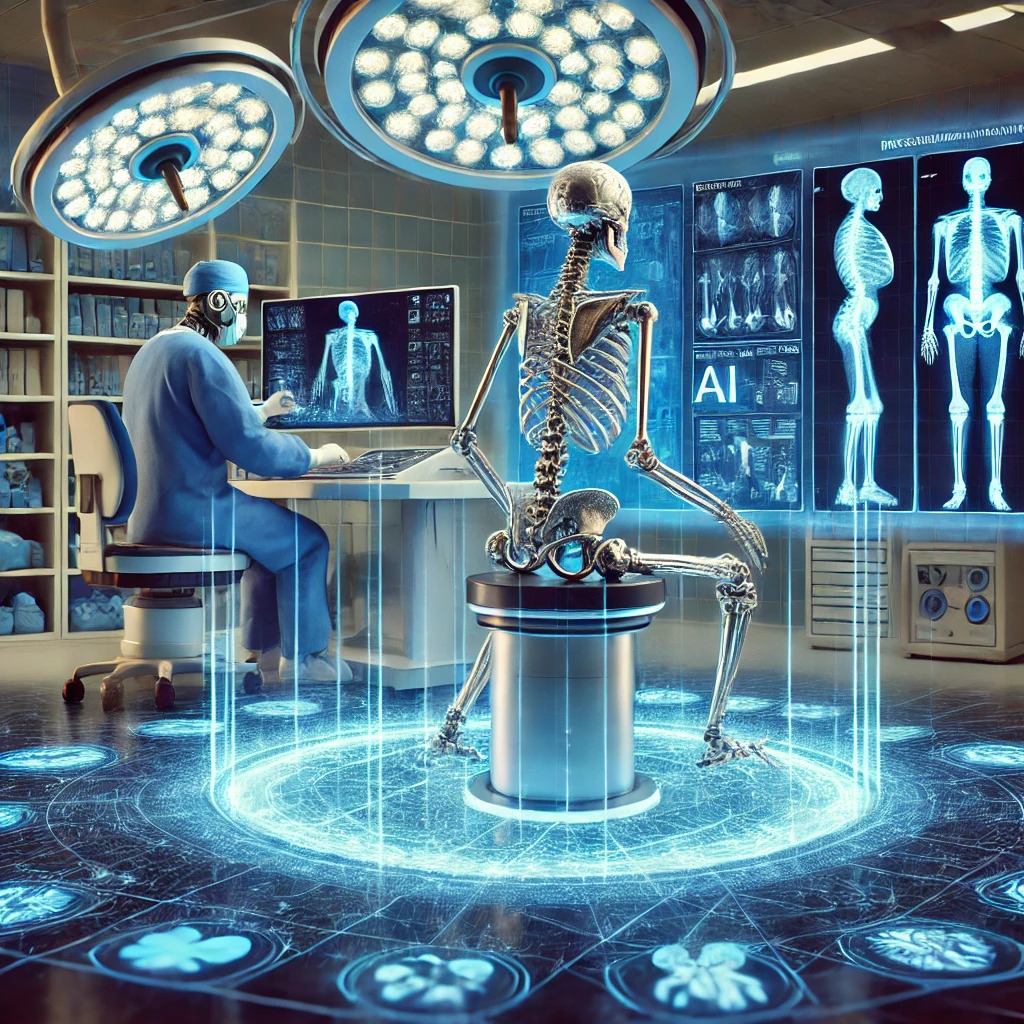 An AI-generated operating room with a clinician, glowing medical displays, and an anatomically strange skeleton seated on a futuristic stool