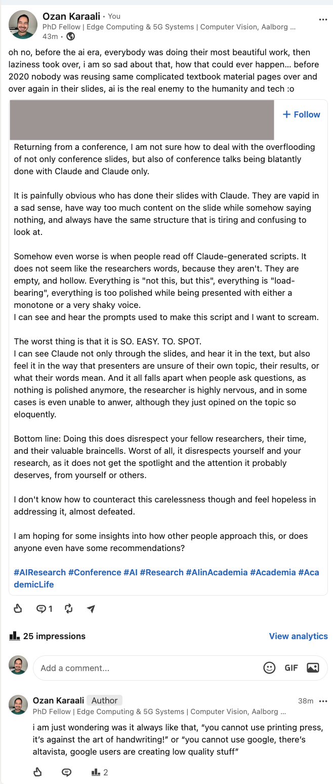 An anonymized post criticizing AI-generated conference slides and scripts, followed by my sarcastic reply that low-effort reused slides existed before AI