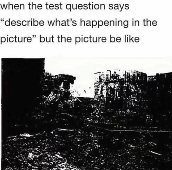 A meme saying the test asks students to describe what is happening in a picture, above an almost unreadable black photocopied image